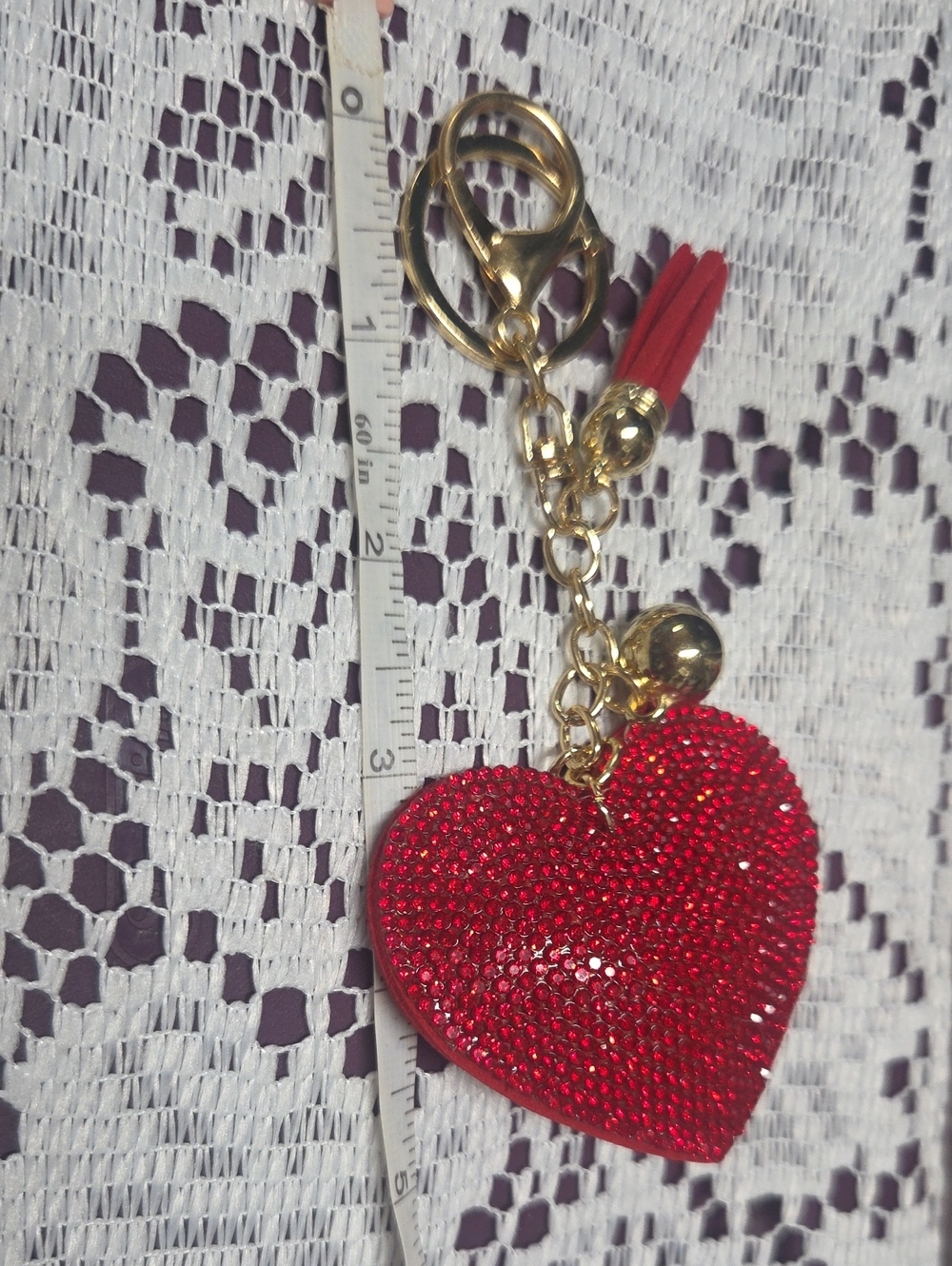 Gold-Tone Heart Keychain Charm with Red Crystal Heart